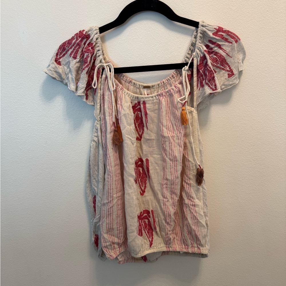 Free People Red and Cream Boho Blouse